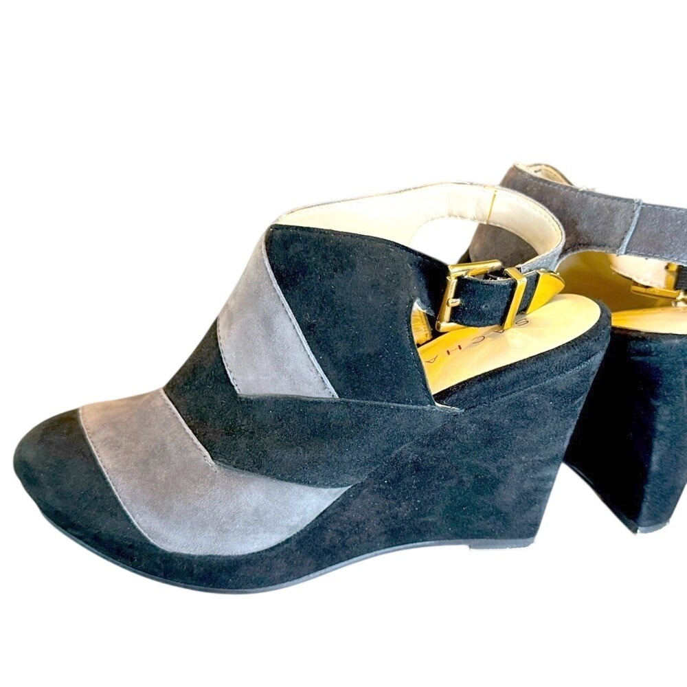 Sacha London Sienna Black Grey Suede Colorblock Slingback Wedge Sandals Size 7